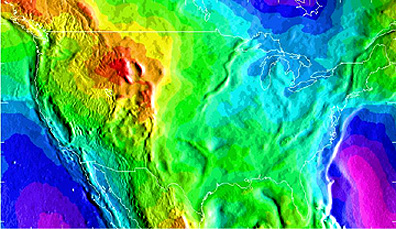 A 1996 model of the geoidal surface in part of North America, as calculated from both satellite and ground station measurements.
