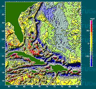 Gravity anomalies (mgals) of marine waters around the Bahamas, Cuba, and Florida; courtesy Edwin Wisse, Delft University.