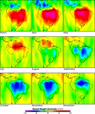 GRACE measurements in variations of geoidal height within South America.