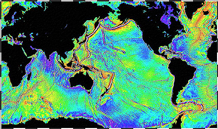 Low resolution gravity map of sea floors worldwide.