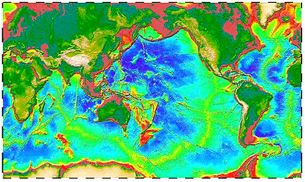 Global topography, based on Geosat altimetry and ship soundings for the oceans and other sources for the land surfaces.