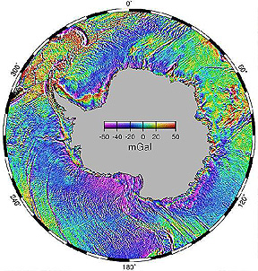 Gravity anomaly map of the marine floor under oceans around Antarctica.