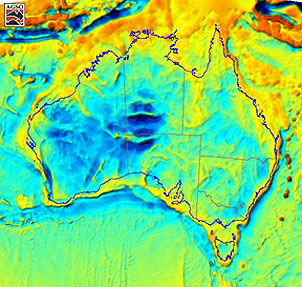 Gravity anomaly map of Australia and the ocean floor surrounding it.