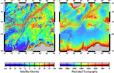 Gravity anomaly map (in mgals) constructed from satellite data (left) and ship data survey (right)