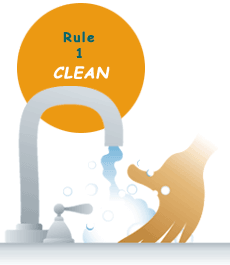 Rule 1: Clean, image of handwashing.