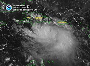 Satellite image of Tropical Storm Alpha on October 22, 2005