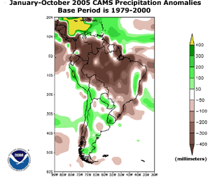 January-October 2005 precipitation anomalies across South America
