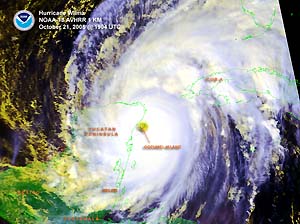 Satellite image of Hurricane Wilma near Cozumel, Mexico on October 21, 2005