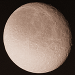 This image of Rhea was acquired by the Voyager 2 spacecraft on August 25, 1981.