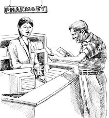Patient receiving medicine from a pharmacist