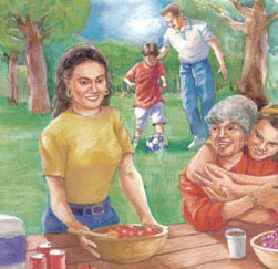 Illustration of woman at picnic serving fruit