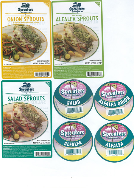 labels from Sprouters Onion Sprouts, Alfalfa Sprouts, and Sprouters Salad Sprouts