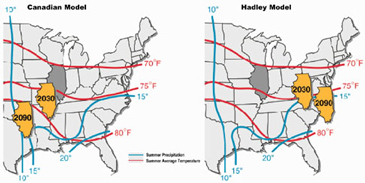 Illinois summer climate shifts, 2030 & 2090