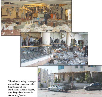 Photographs of devastating damage caused by three suicide bombings at the Radisson, Grand Hyatt, and Days Inn hotels in Amman, Jordan