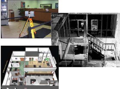 Photograph of a 3-D laser scanner, one of the scanned “point cloud” data sets, and a completed rendering from the data collected