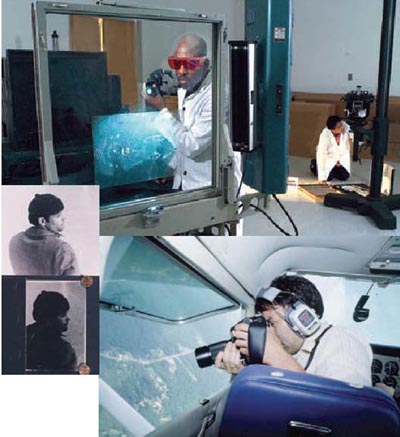 A collage of photographs depicting the work of the Photographic Operations and Imaging Services Unit, including unit photographers and their subjects