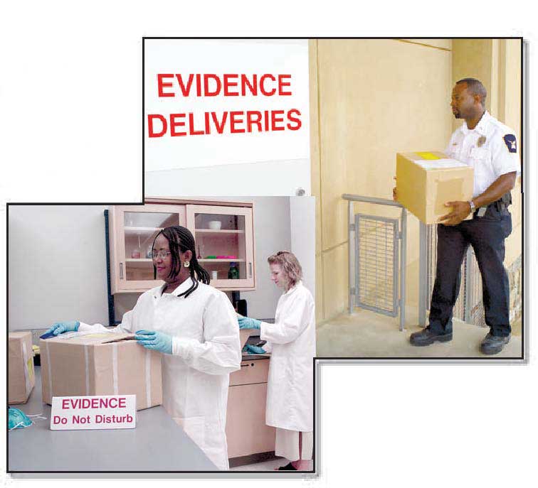 Phtograph of a box of evidence delivered to the FBI Laboratory and photograph of the first stop for all evidence received at the FBI Laboratory is the Evidence Control Unit depicted 