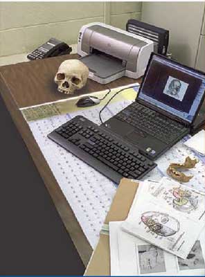 Photograph of a desk containing research materials pertaining to the human skull
