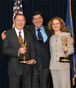 NIAAA Director Dr. Ting-Kai Li, NIH Director Elias Zerhouni, M.D., NIDA Director Dr. Nora Volkow pose with Emmy Awards