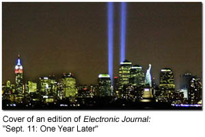 New York City skyline at night showing twin light memorial