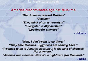 Quotes from Muslims; shows belief that Americans discriminate against Muslims and view them all as terrorists