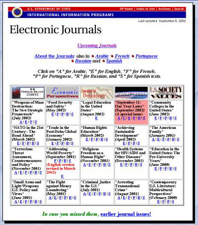 Web page showing a wide range of articles in the journal and links to archived journals
