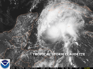 a visible satellite image of Tropical Storm Claudette on July 10, 2003