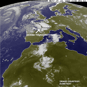 Infrared Satellite animation depicting severe thunderstorms over western France on July 15, 2003