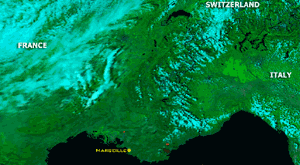 Satellite image of forest fires across parts of France on July 30, 2003