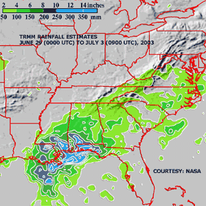 Rainfall estimates across the Southeast U.S. from Tropical Storm Bill during June 29-July 3, 2003
