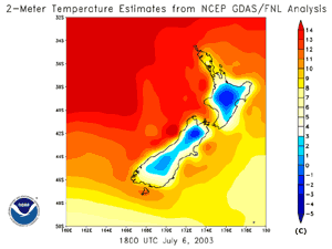 surface temperature estimates across New Zealand on July 6, 2003