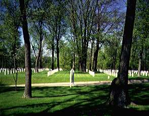 Photo of rows of upright headstones in the background with many trees sprinkled throughout the lawn.