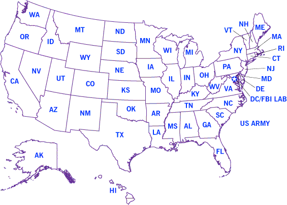 Map of the United States with links on state and area abbreviations linking to statistical information pages.