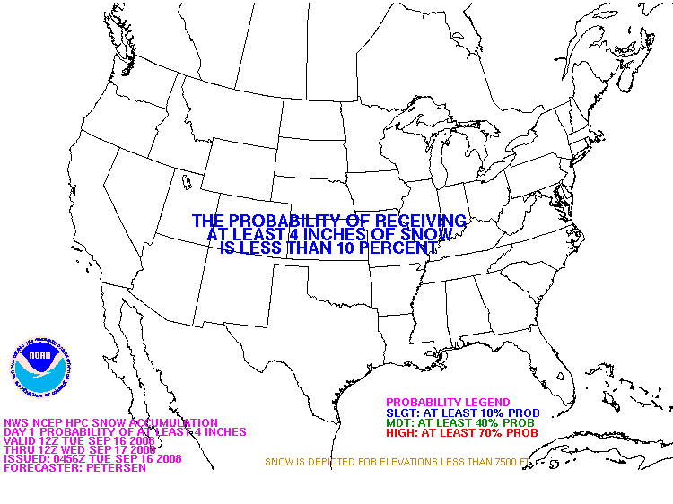 Probability of snowfall greater than or equal to 4 inches