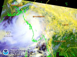 Satellite image of Tropical Cyclone 02B near Burma on May 19, 2004