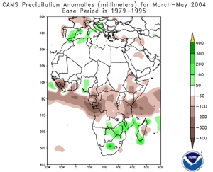 Precipitation anomaly estimates for Africa during March through May 2004