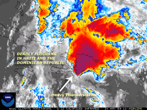 Satellite image of thunderstorms and associated heavy rain over Hispanola on May 24, 2004
