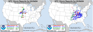 Severe weather reports during May 29-30, 2004 