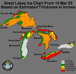 Click Here for a map of ice cover on the Great Lakes on March 10, 2003 from the National Ice Center
