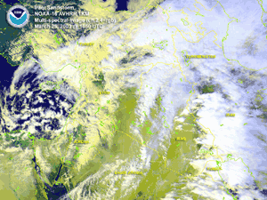 Satellite image depicting a storm system affecting the Middle East during March 23-25, 2003