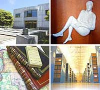 Top left: Archives Building; top right: lobby artwork; bottom right: historical records; bottom right: records storage.