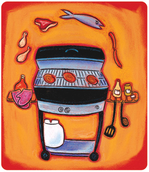 illustration of an outdoor gas grill with meat and fish products on and floating around it. 