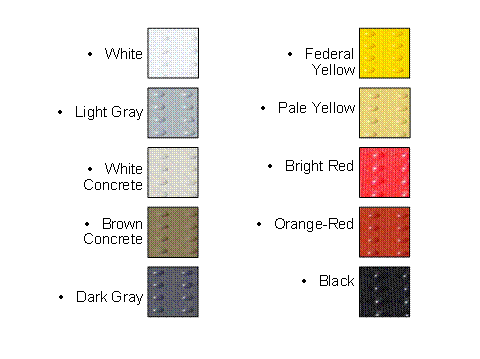 Photo. Uniformly Colored Detectable Warnings (Color Samples). This figure shows a close-up detail view of each of the uniformly colored detectable warnings used in this study.  The color name of each detectable warning is presented to the left of its photo.