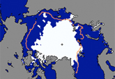 Daily Arctic sea ice extent for August 26, 2008 - orange line shows the 1979 to 2000 average extent for that day