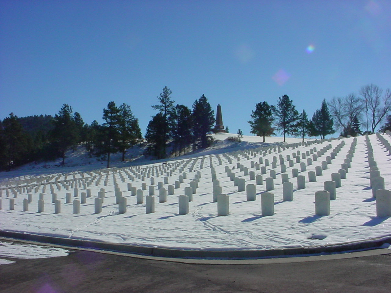 Photo of upright markers aligned in uniformed rows on a gently-sloped snow covered hill.