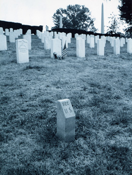 Overall view of Evergreen Cemetery Soldiers' Lot showing several rows of government headstones in the background and a section marker engraved with “U.S.” in the foreground.