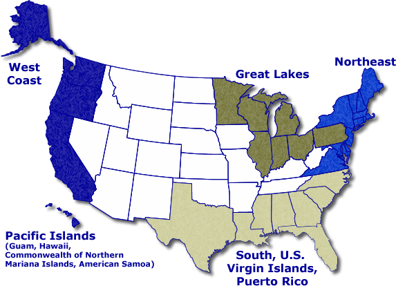 Map of the U.S. and coastal regions