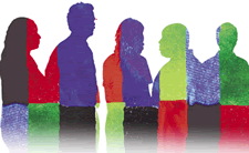 Silhouettes of people in diverse primary colors.
