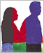an illustration of a silhouette of people in diverse primary colors
