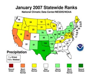 NOAA image of January 2007 statewide precipitation rankings in the United States.